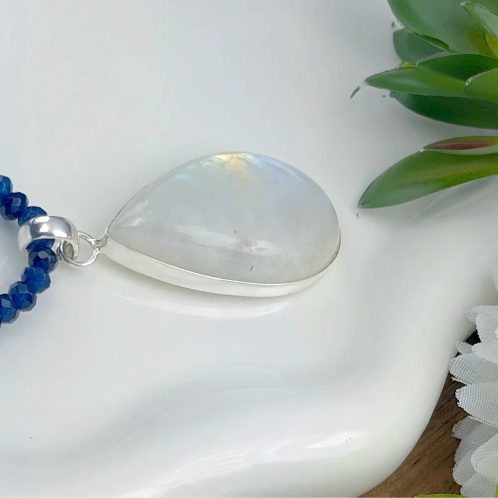 Large Pure Sterling Silver 925 Rainbow Moonstone Pendant Necklace Boho New
